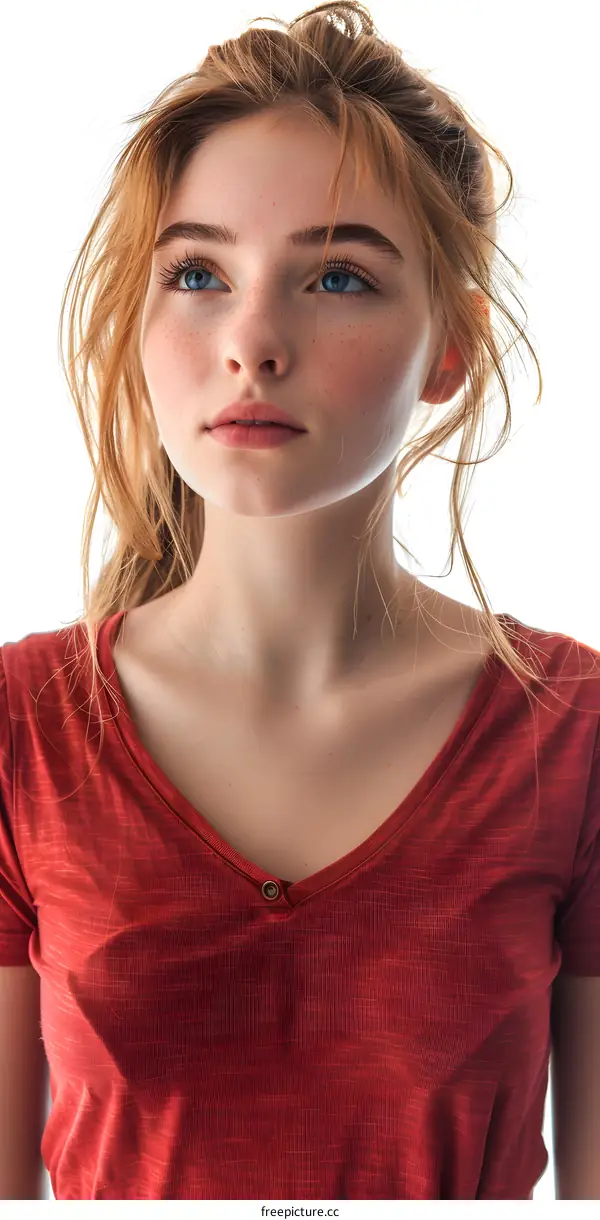 portrait of a young woman with freckles and blue eyes