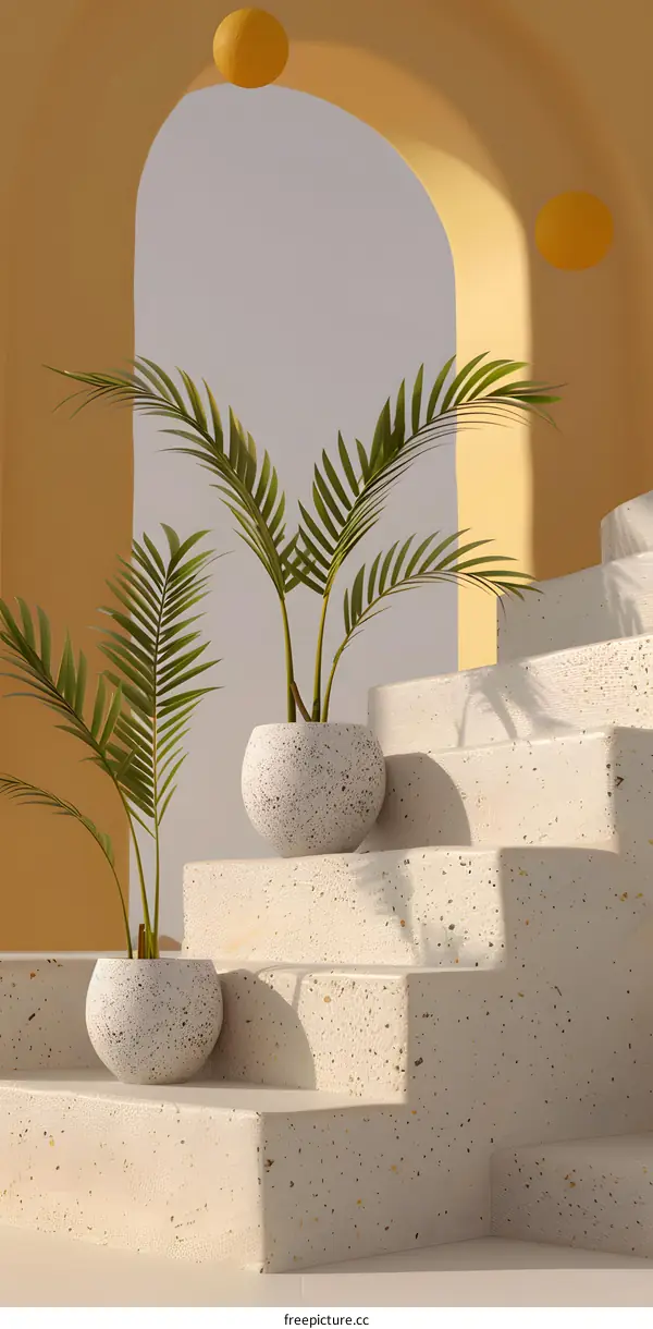 Minimalist 3D Render of a White Staircase with Two Potted Palm Plants