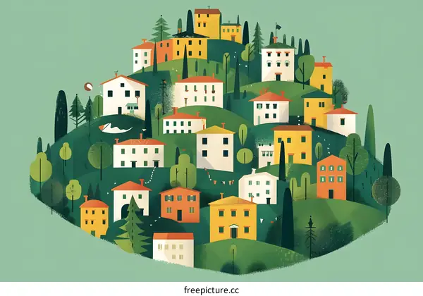 Colorful Illustration of Small Town Houses and Greenery