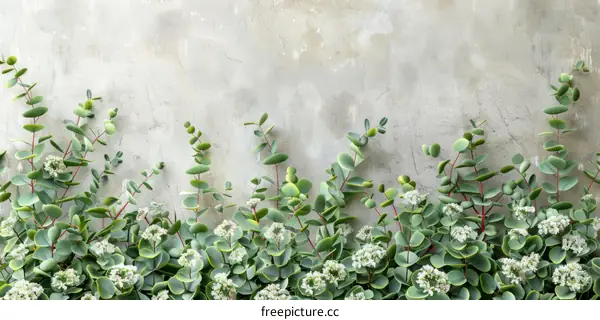 Close up of green leaves and white flowers on a gray stone background