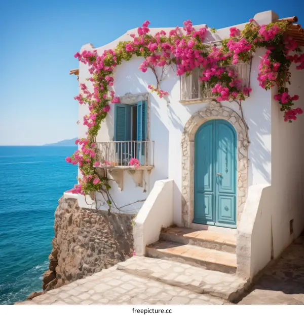 Mediterranean Villa with Blue Door and Pink Bougainvillea