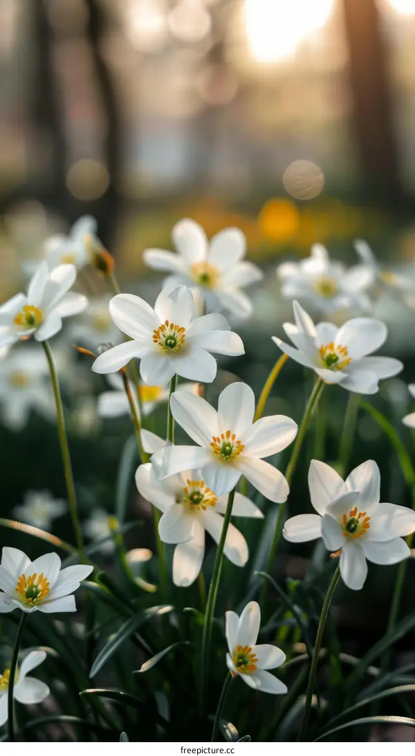 White flowers in a field with a blurred background