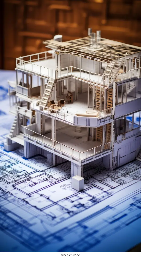 3D Model of a Modern House with Blueprint