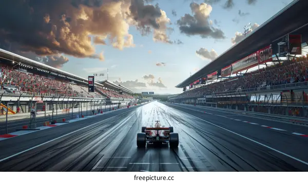 Formula One racing car on a race track with grandstands full of spectators
