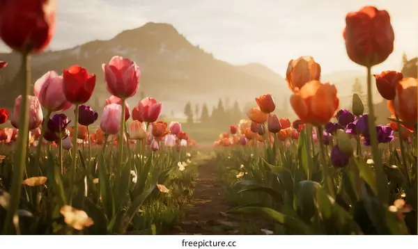 A Vibrant Field of Colorful Tulips Under Morning Sunlight
