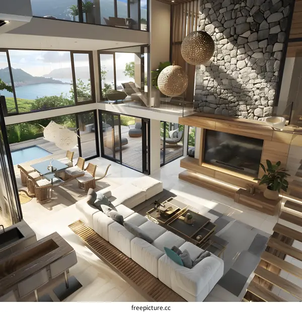 Modern Living Room Interior Design with Stone Wall and Ocean View