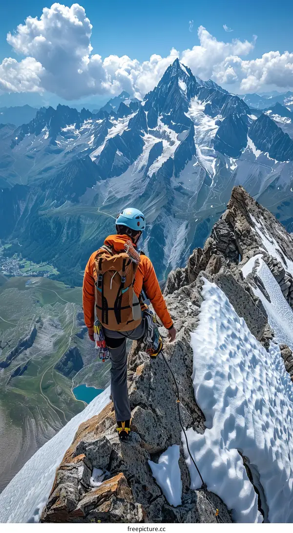 A lone climber on a steep mountain ridge with a summit in the distance