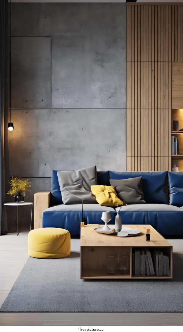 Modern Living Room Interior Design with Blue and Yellow Accents