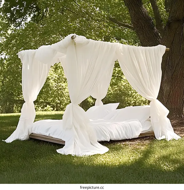 White Canopy Bed in a Lush Green Garden
