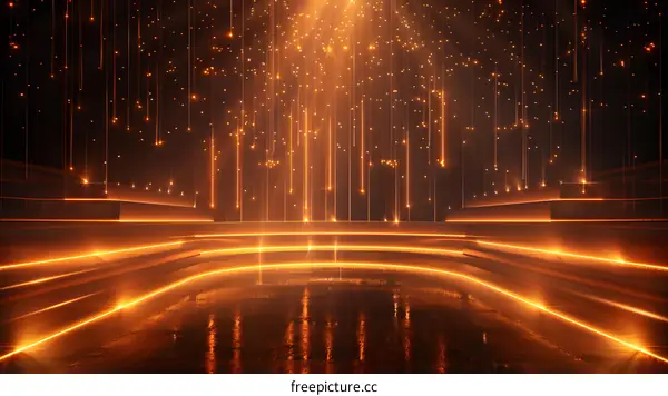 Golden particles falling on stage with spotlights