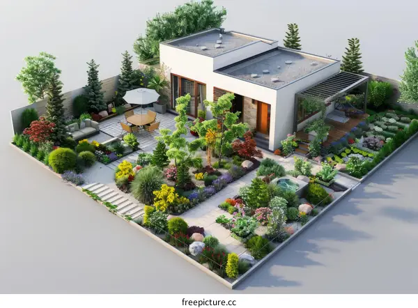 A modern house with a beautiful garden