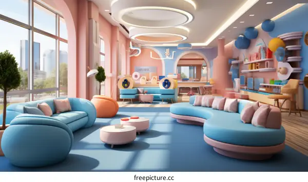 Modern and Colorful Office Workspace with Curved Furniture