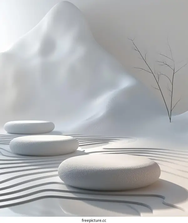 White Podiums in a Surreal Landscape with Mountains and Trees