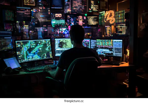 A hacker sits in a dark room surrounded by computer screens.