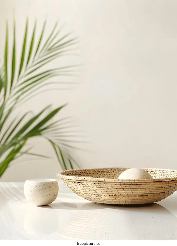 Minimalist Still Life with Woven Basket and Palm Leaf