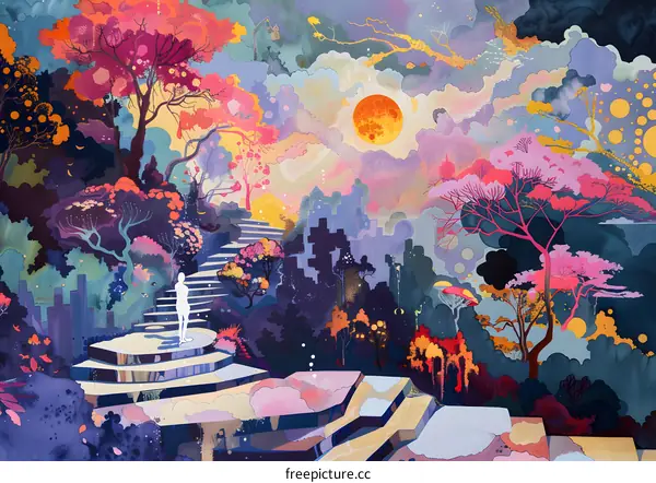 Surreal Watercolor Landscape With Person And Steps