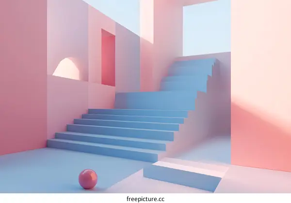 Abstract Pastel Pink and Blue Staircase Minimalist Illustration