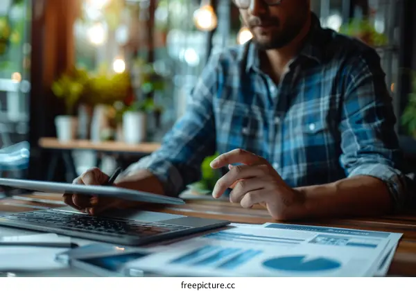 Businessman analyzing financial data on digital tablet