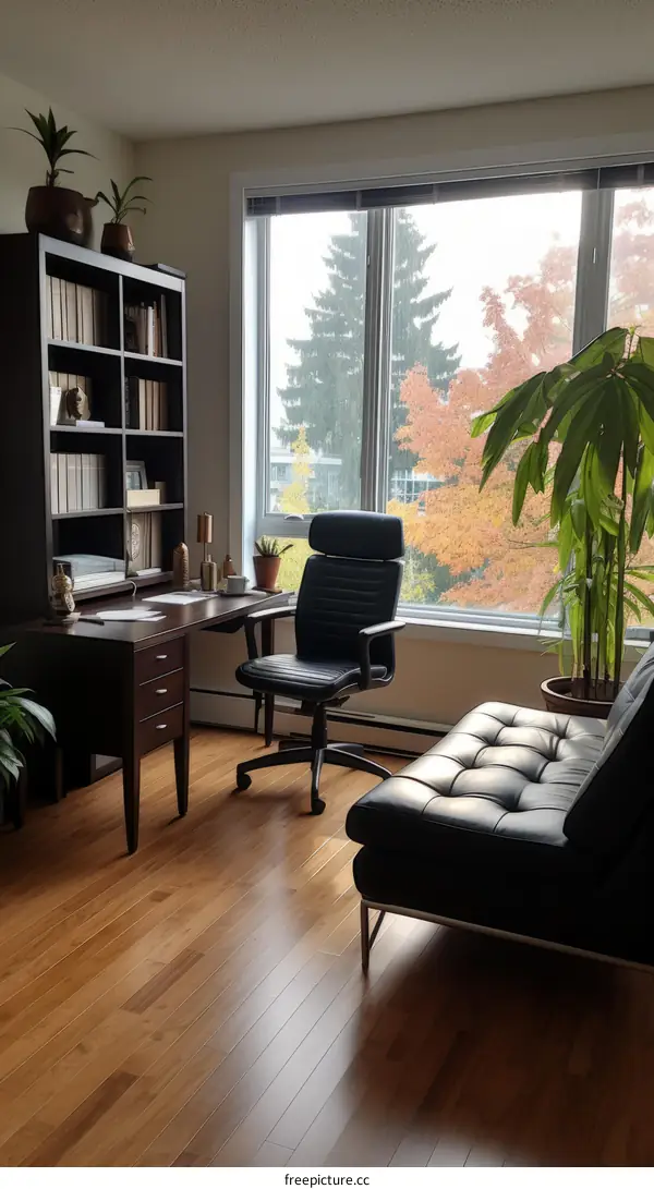 A home office with a large window, a desk, a chair, and a sofa