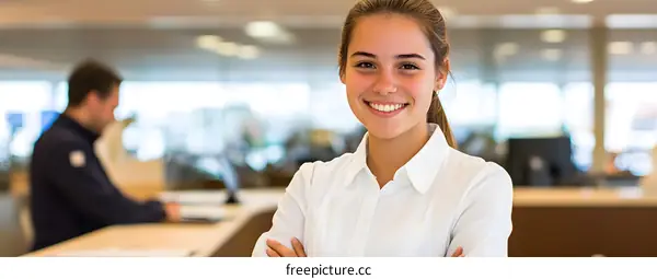 Smiling Woman Standing in an Office with a Man in the Background