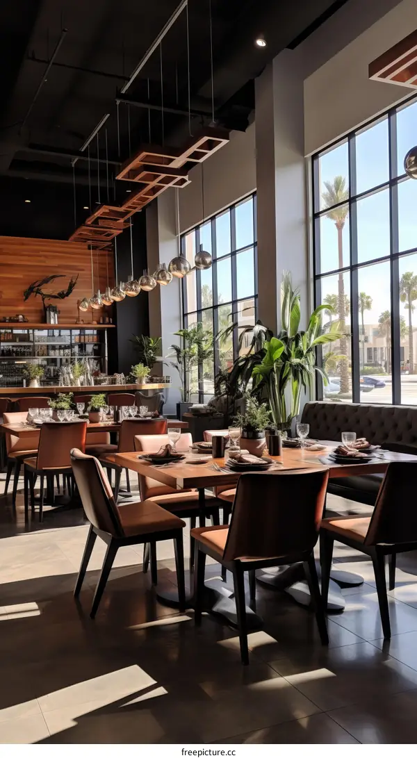 Modern restaurant interior with large windows and stylish furniture
