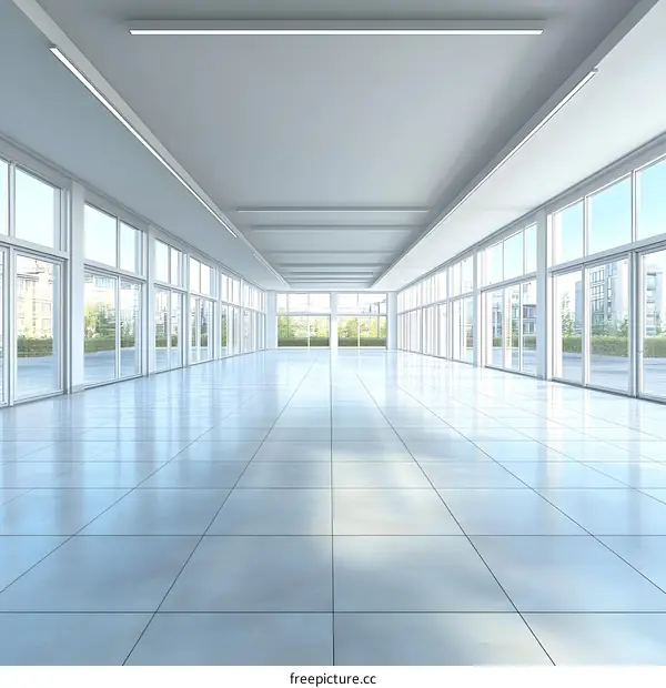 Modern Empty Office Space with Large Windows and Tile Floor