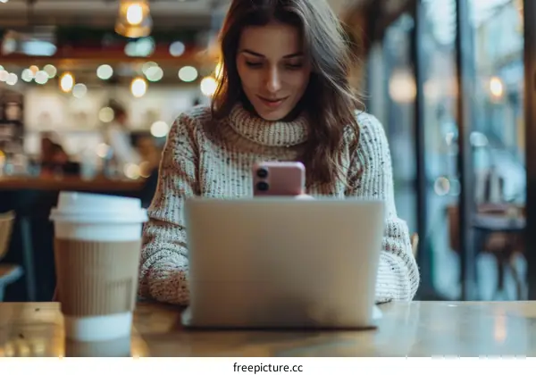 Young woman using laptop and mobile phone in cafe