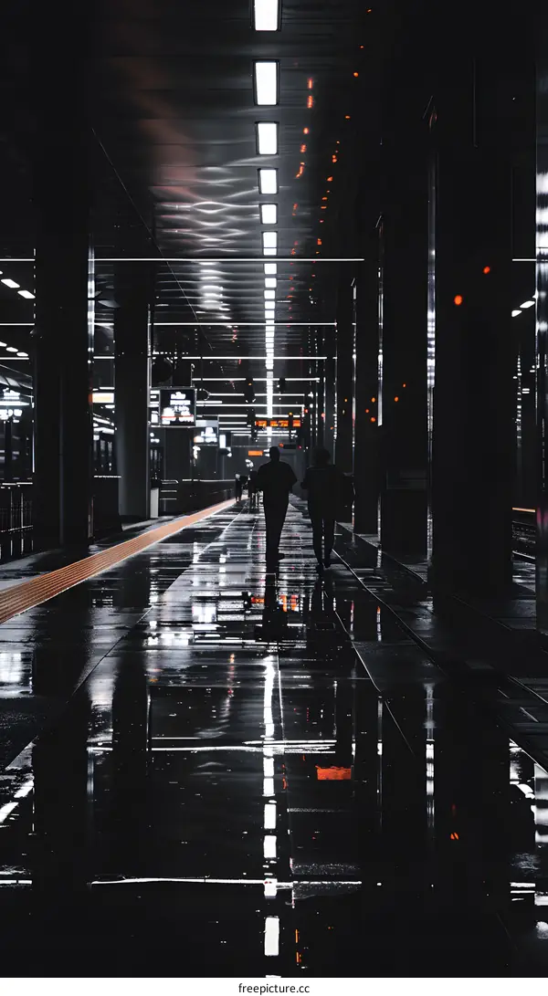 Two People Walking in a Wet Subway Station