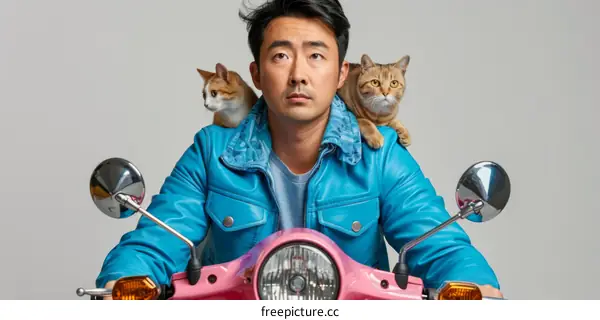 comedian riding scooter with cats