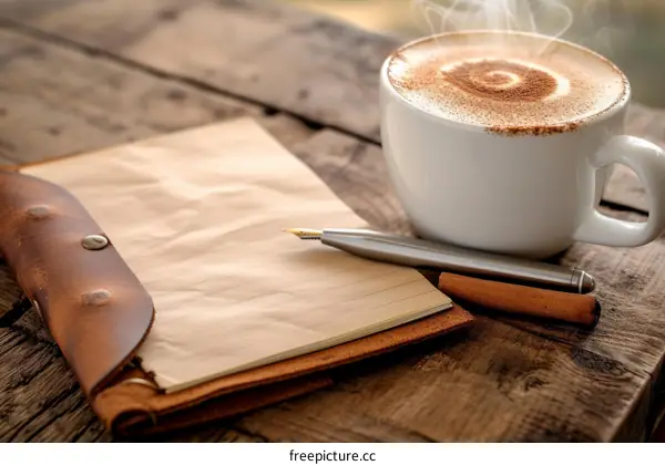 A cup of coffee, a notebook and a pen on a wooden table