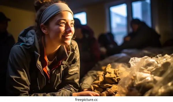 Young woman looking at archaeological findings