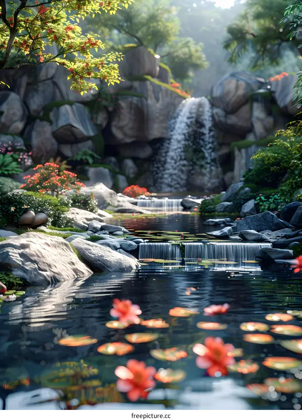 A tranquil pond in a beautiful natural landscape