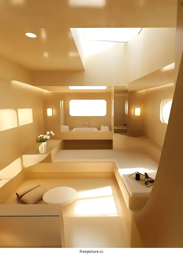 Minimalist Modern Bathroom with Skylight and Wooden Walls