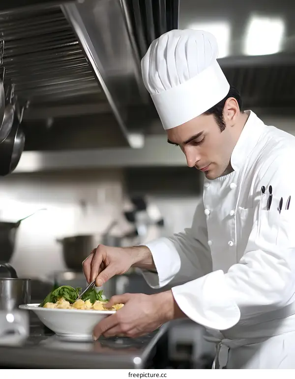 Professional Chef Preparing a Delicious Dish in a Restaurant Kitchen