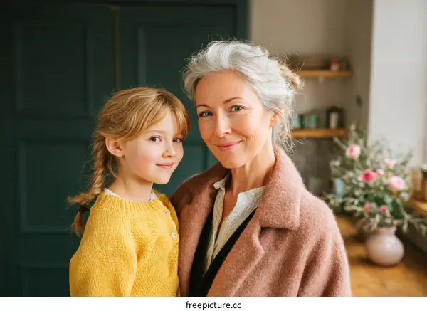 Grandmother and Granddaughter Portrait in a Cozy Kitchen