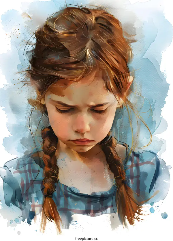 Young Girl with Braids and Sad Eyes Watercolor Painting