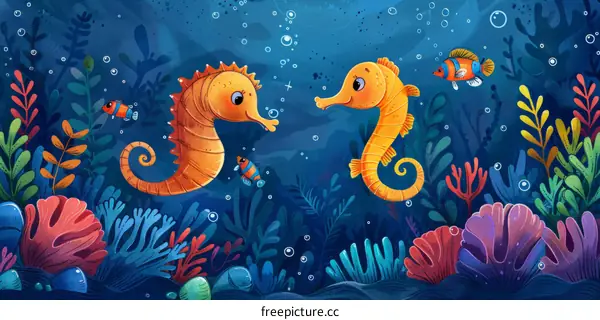 Two seahorses and three clownfish swim near a coral reef