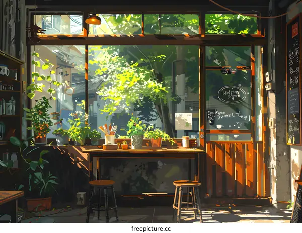 An illustration of a cozy coffee shop with a view of the street outside.