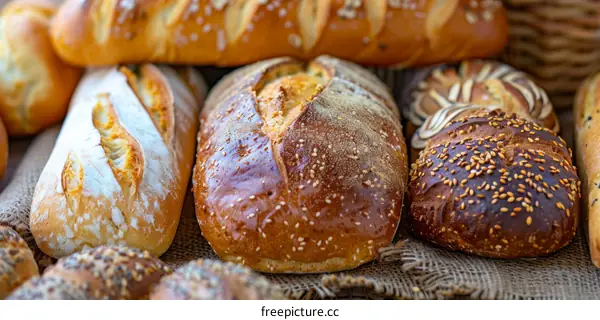 Loaf of Bread and Bread Rolls with Sesame Seeds