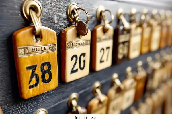 Vintage Hotel Key Tags on a Dark Wooden Board