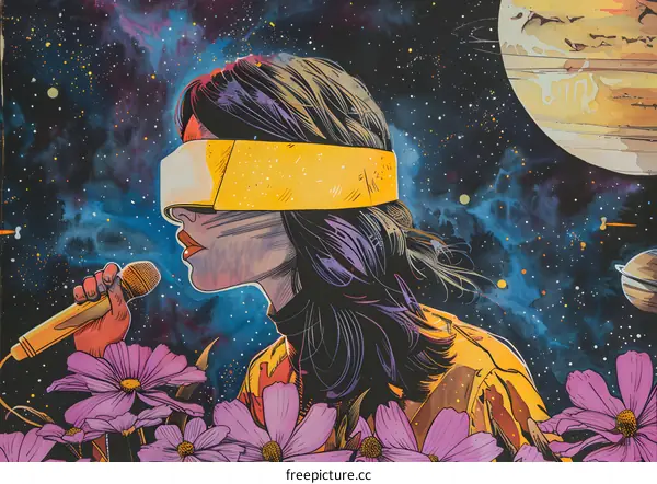 A blindfolded woman sings in front of a starry night sky