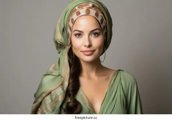 Portrait of a beautiful young woman wearing a green headscarf