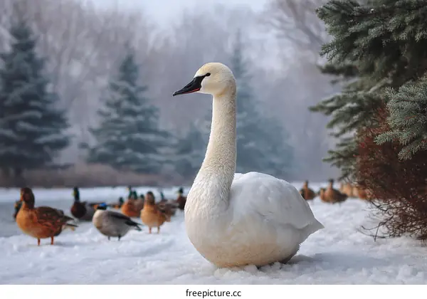 Winter Swan in Snowy Park Landscape