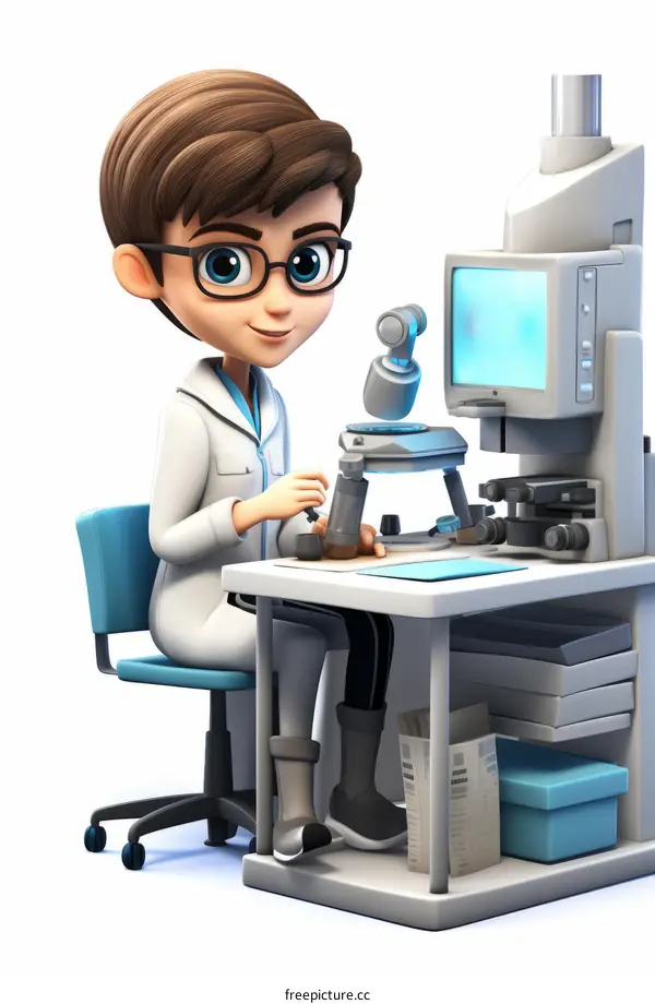 Cartoon illustration of a scientist wearing a lab coat and glasses using a microscope in a laboratory