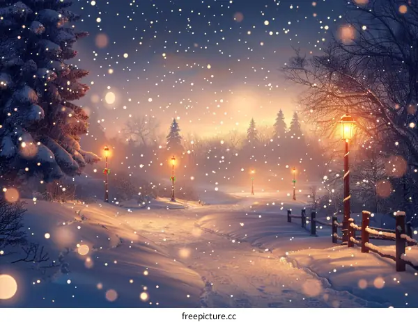 Snowy Winter Night with Trees and Lights