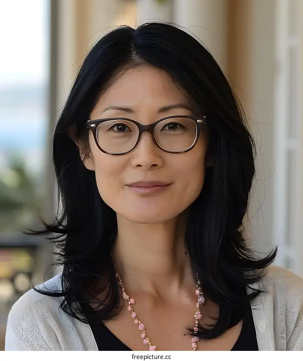 A woman with glasses is smiling.