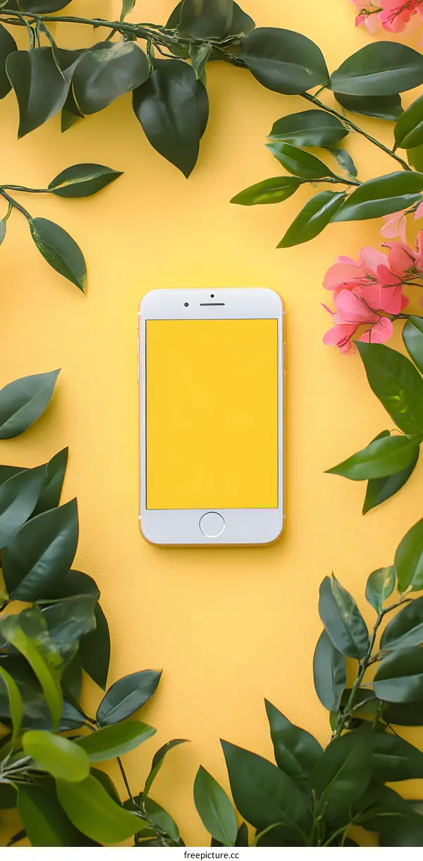 Green Leaves Surrounding a White Smartphone on a Yellow Background