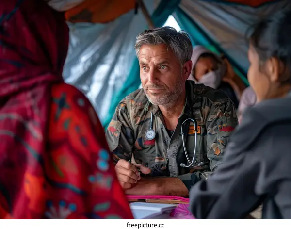 Doctor examines patients in a tent during a medical mission