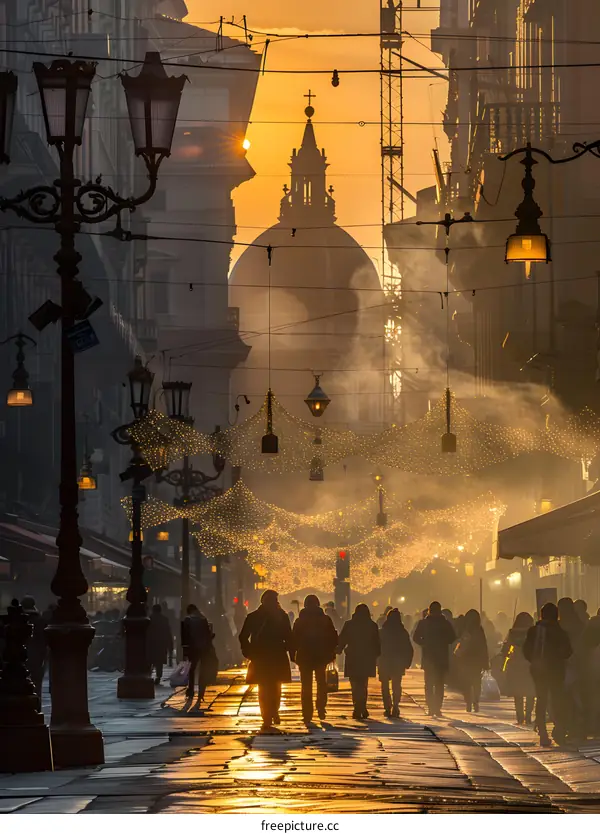 Silhouettes of People Walking on a Street with Christmas Lights at Sunset in a City