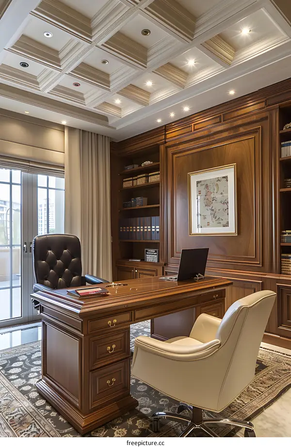 Luxury home office with wood paneling and coffered ceiling